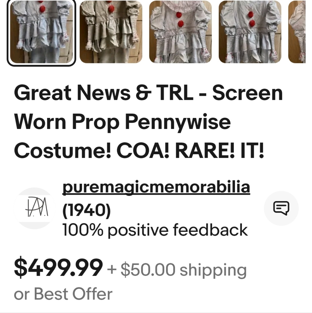 Authentic 2017 IT Pennywise screen worn prop/costume. Excellent quality & condit - Picture 2 of 10
